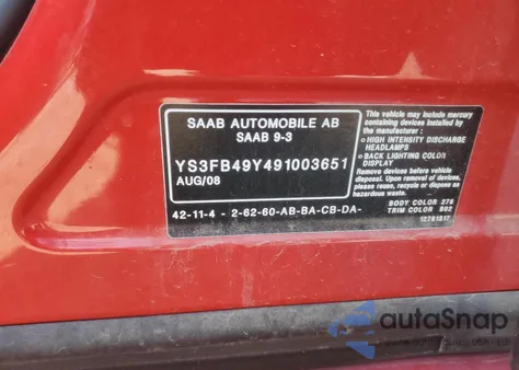 2009 Saab 9-3 2.0T from USA, damaged, VIN YS3FB49Y491003651